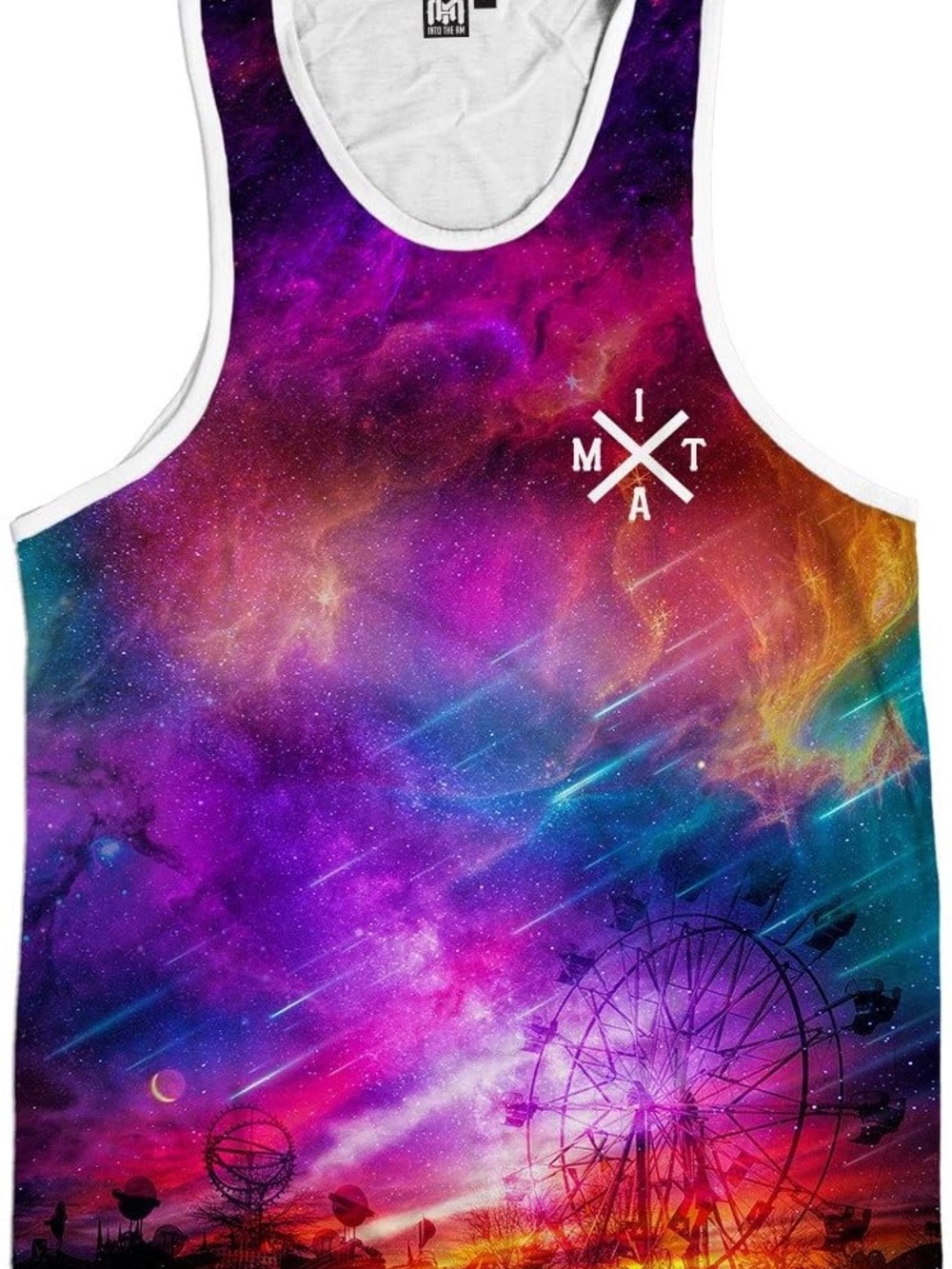 Multicolored galaxy tank top with Ferris wheel and shooting stars
